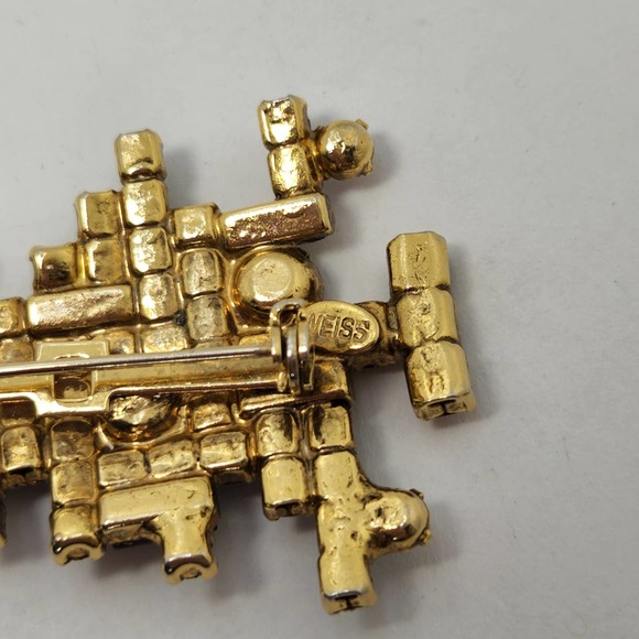 Vintage Weiss 5 Candle Rhinestone Christmas Tree Brooch Pin Gold Tone Holiday - Picture 7 of 10